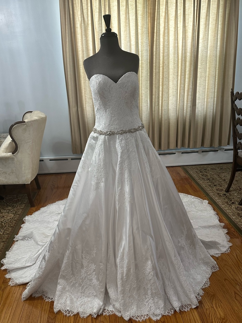 Allure Bridals White Lace Strapless Ball Gown with Beaded Waist
